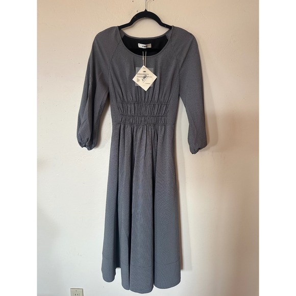 J.ING Dresses & Skirts - J.ING Women Black White Micro Check Smocked Waist Midi Dress Puff Sleeve XS NWT